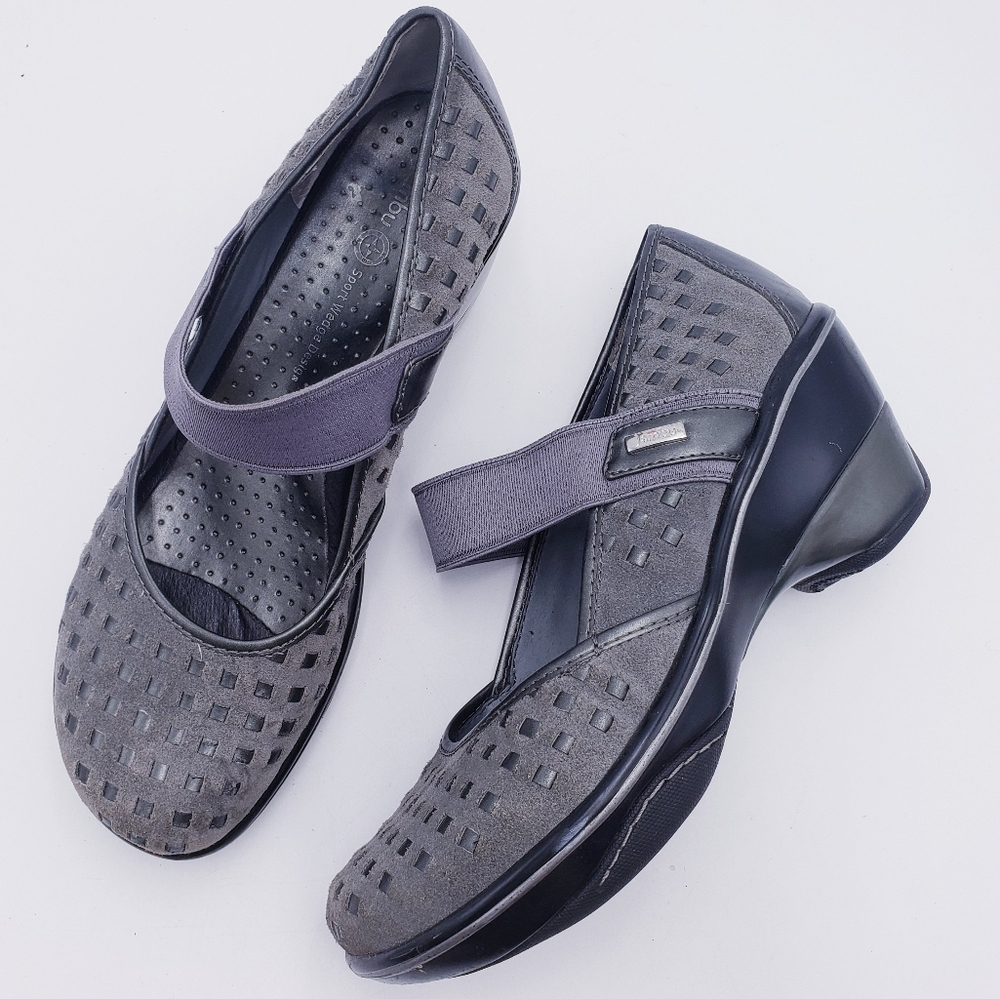 Jambu Gray Perforated Mary Jane Wedges with Elastic Strap